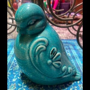 Bird ceramic crackle EUC decor farmhouse boho blue